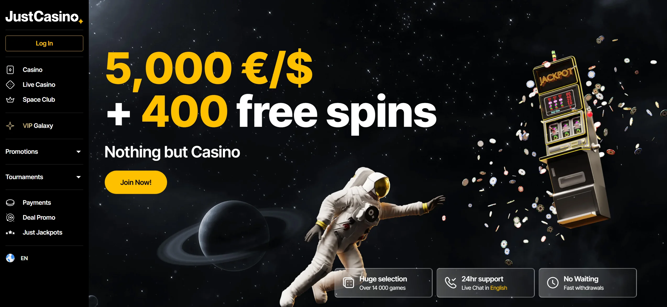 JustCasino frontpage with huge welcome offer