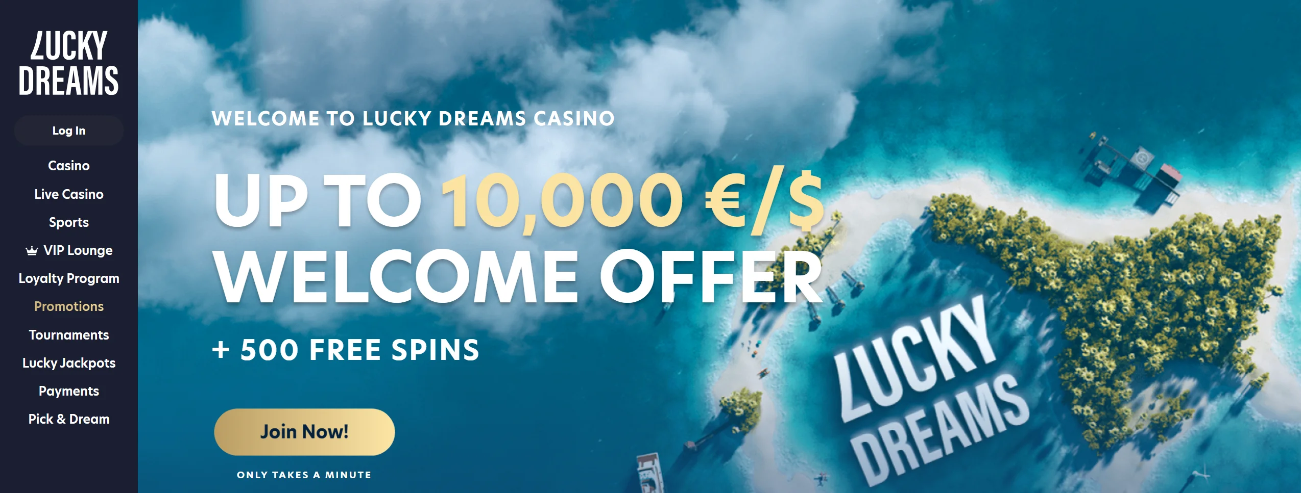 Lucky Dreams frontpage with huge welcome offer